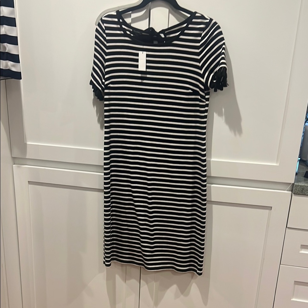 Talbots Chic Black and White Striped tassel sleeves knit Dress